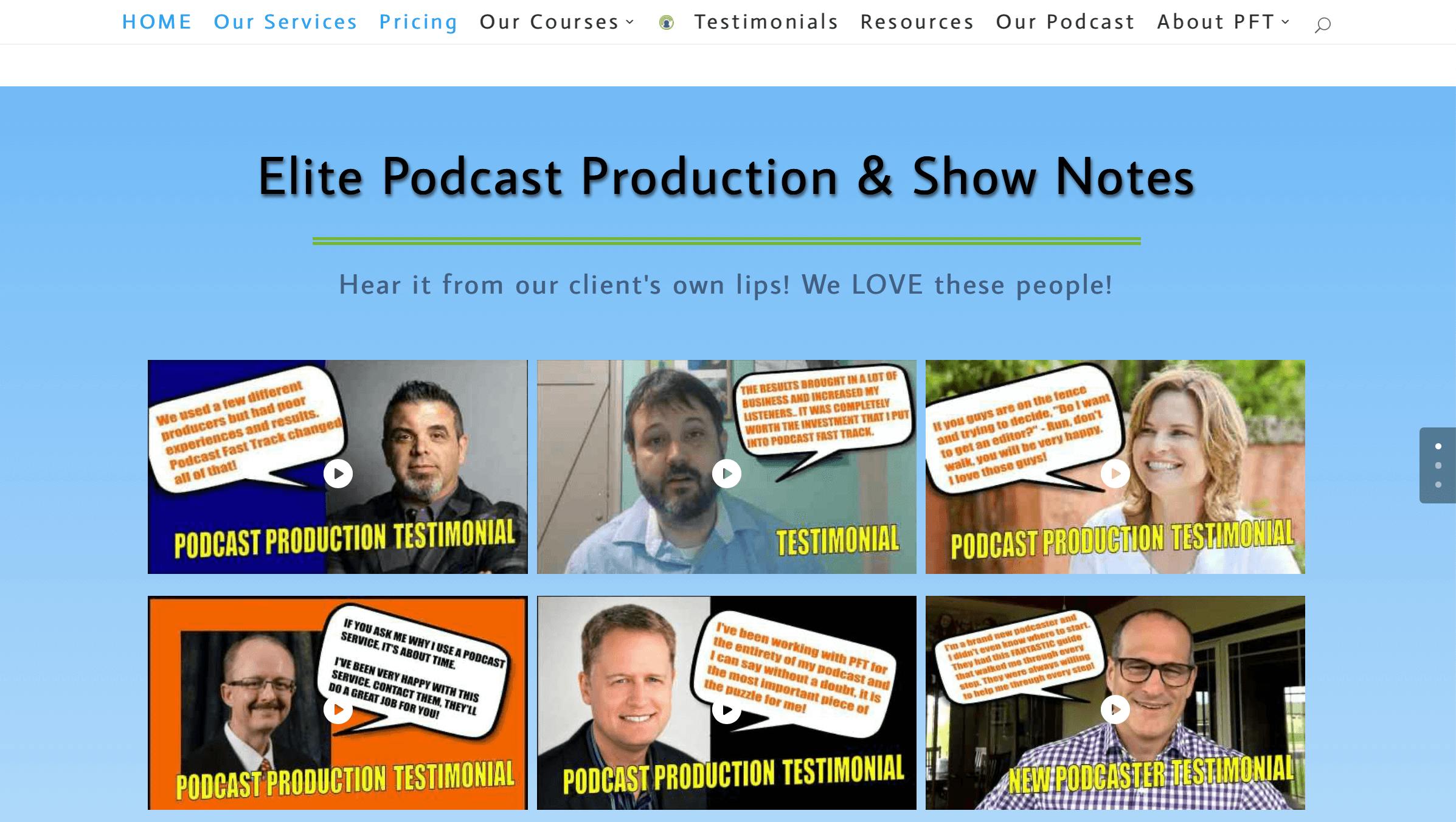 Podcast FastTrack homepage with images of podcasters and a blue background