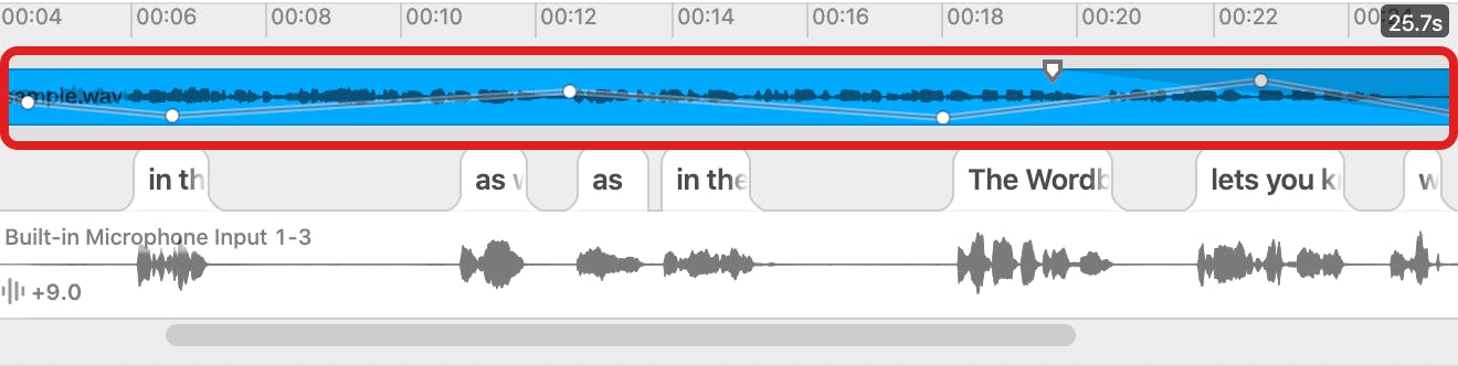 Red box highlighting music track with several white dots indicating the adjusted volume