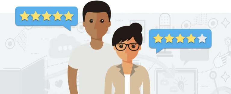 Two people with podcast ratings next to them and gold stars
