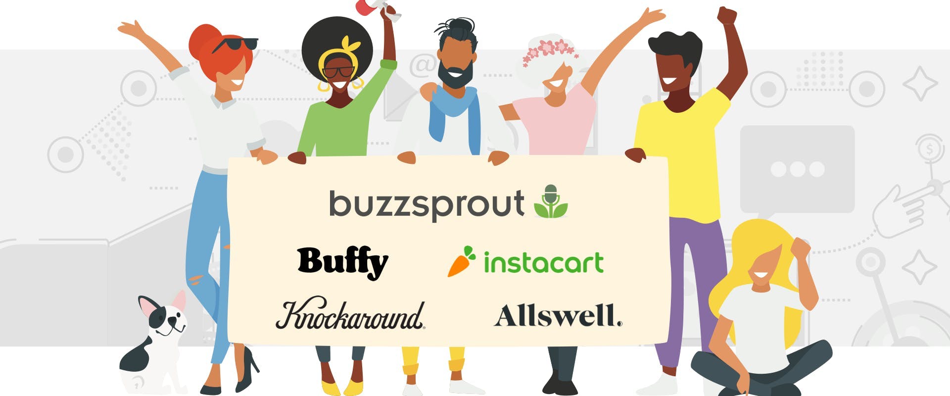 Podcasters holding sign for Buzzsprout Affiliate Marketplace