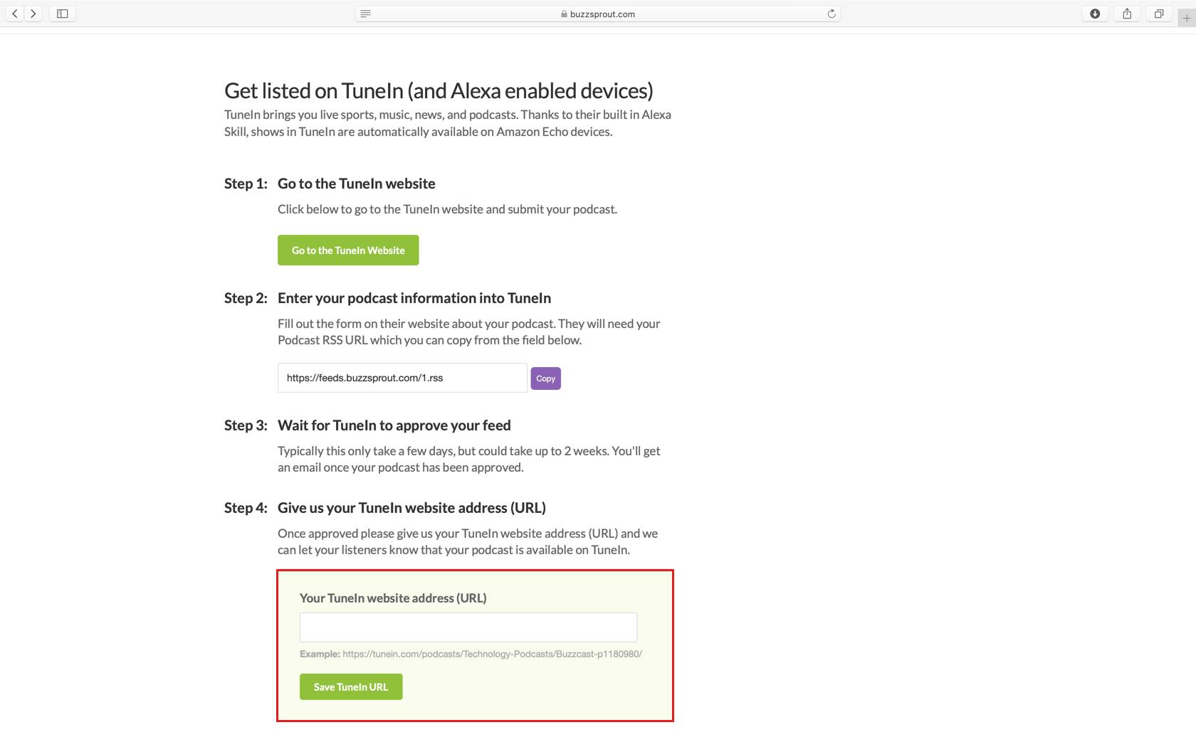 Buzzsprout dashboard with Tunein URL box highlighted