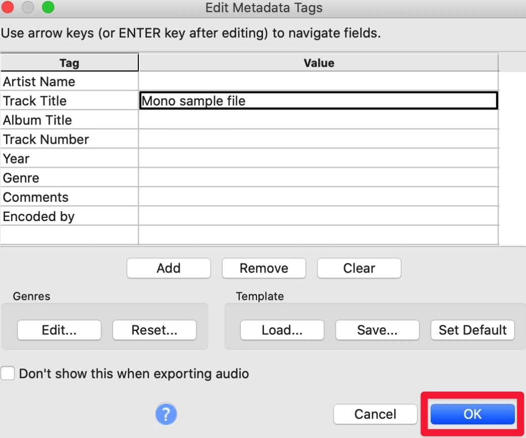 Edit Metadata Tags with red box around Ok button