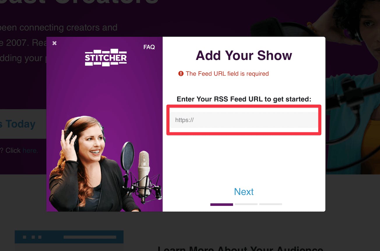 A red box highlighting Stitcher's RSS field and a girl recording a podcast