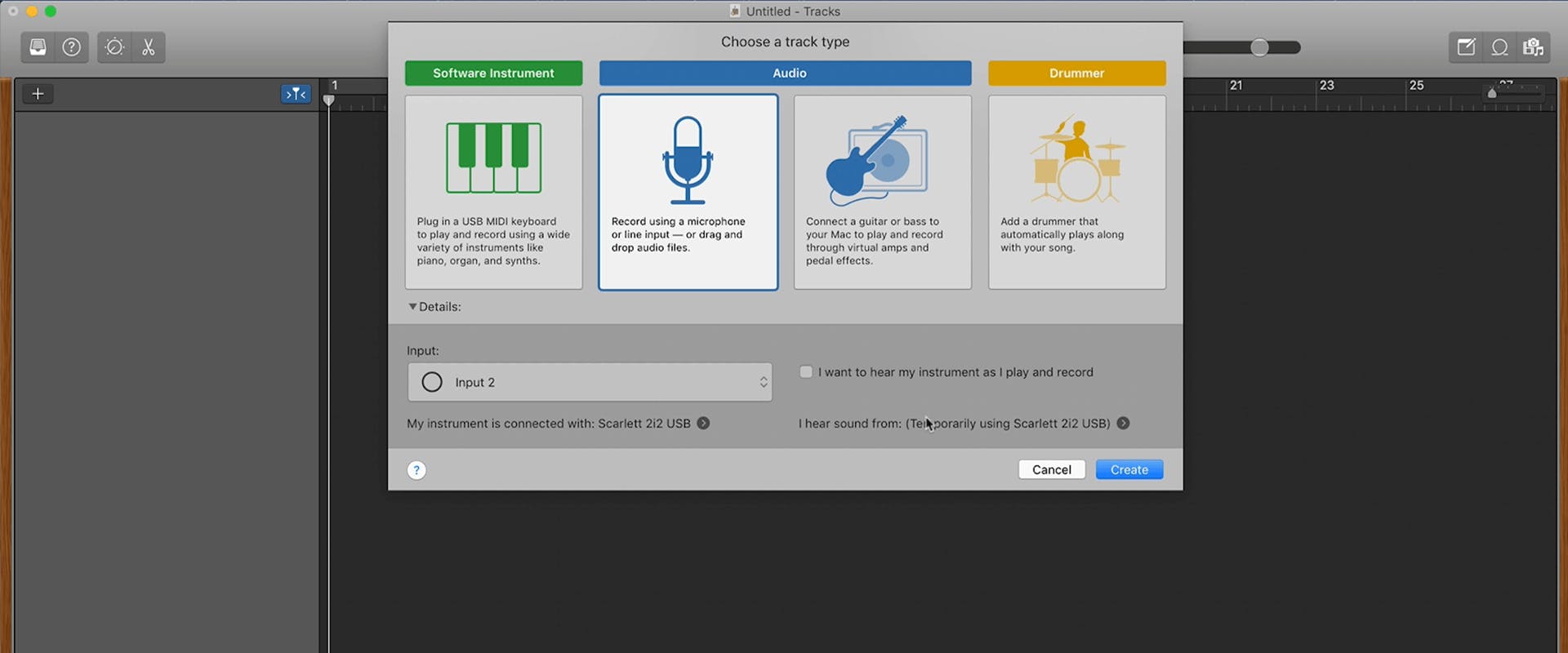 Choose a track type window