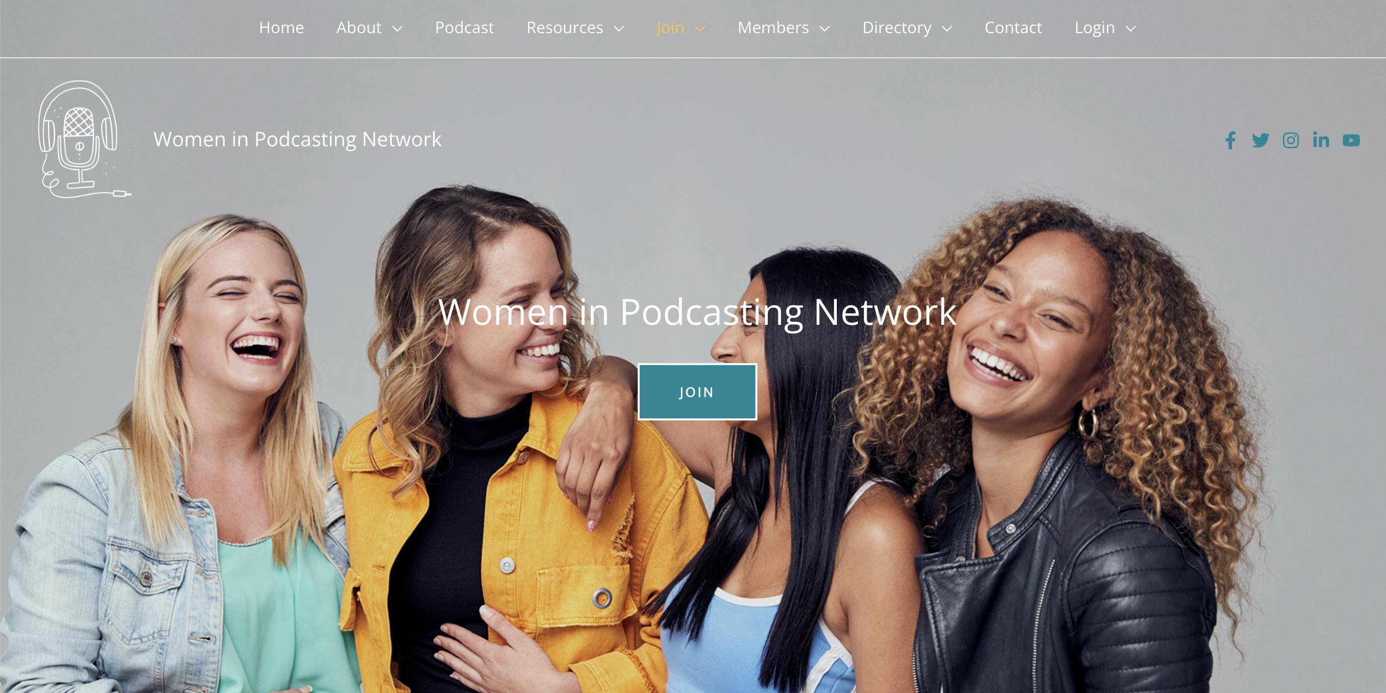 Four women laughing together in front of a grey background. There is white text and a green button that says