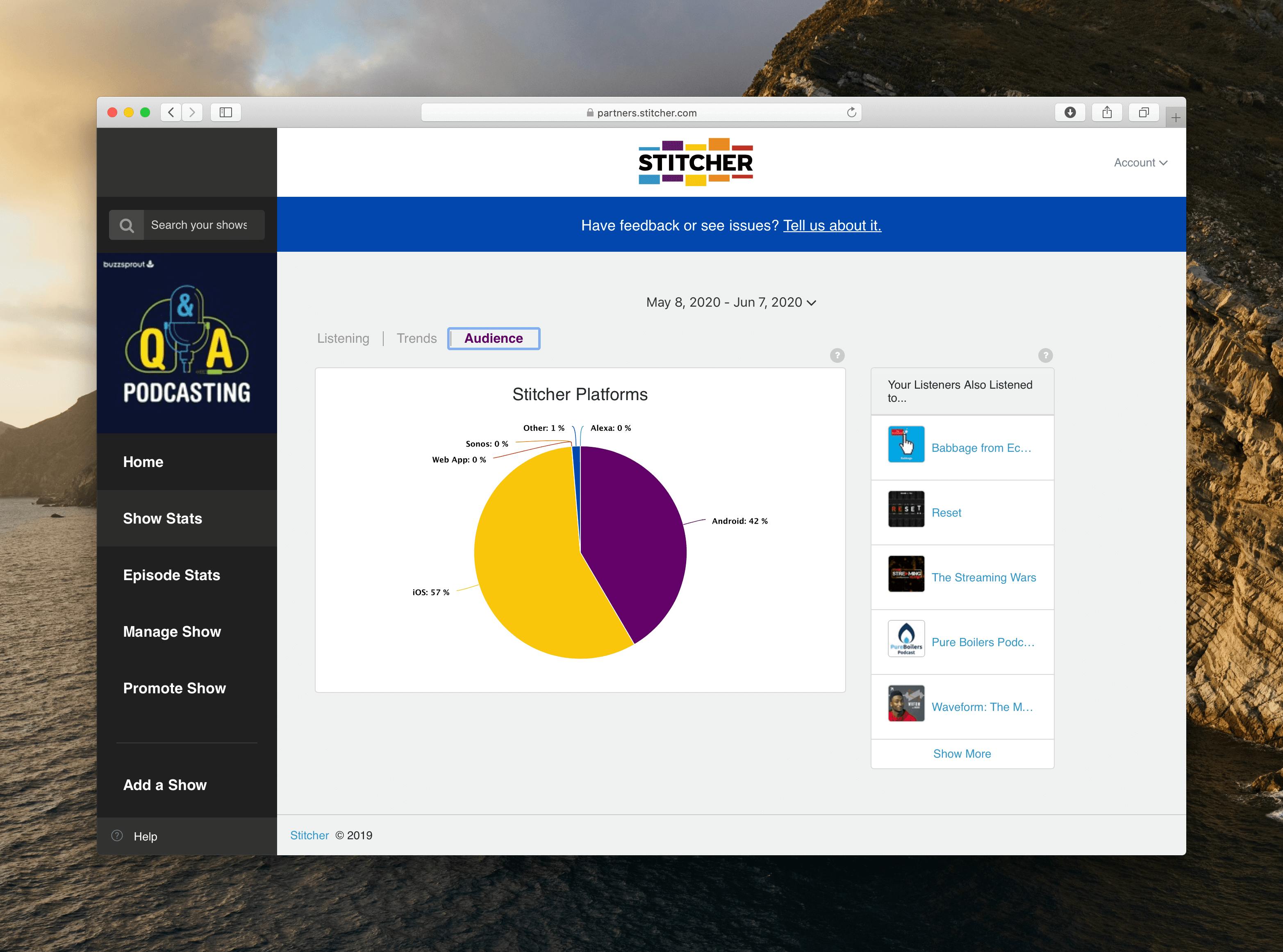 A yellow and purple pie chart illustrating how users consume the podcast