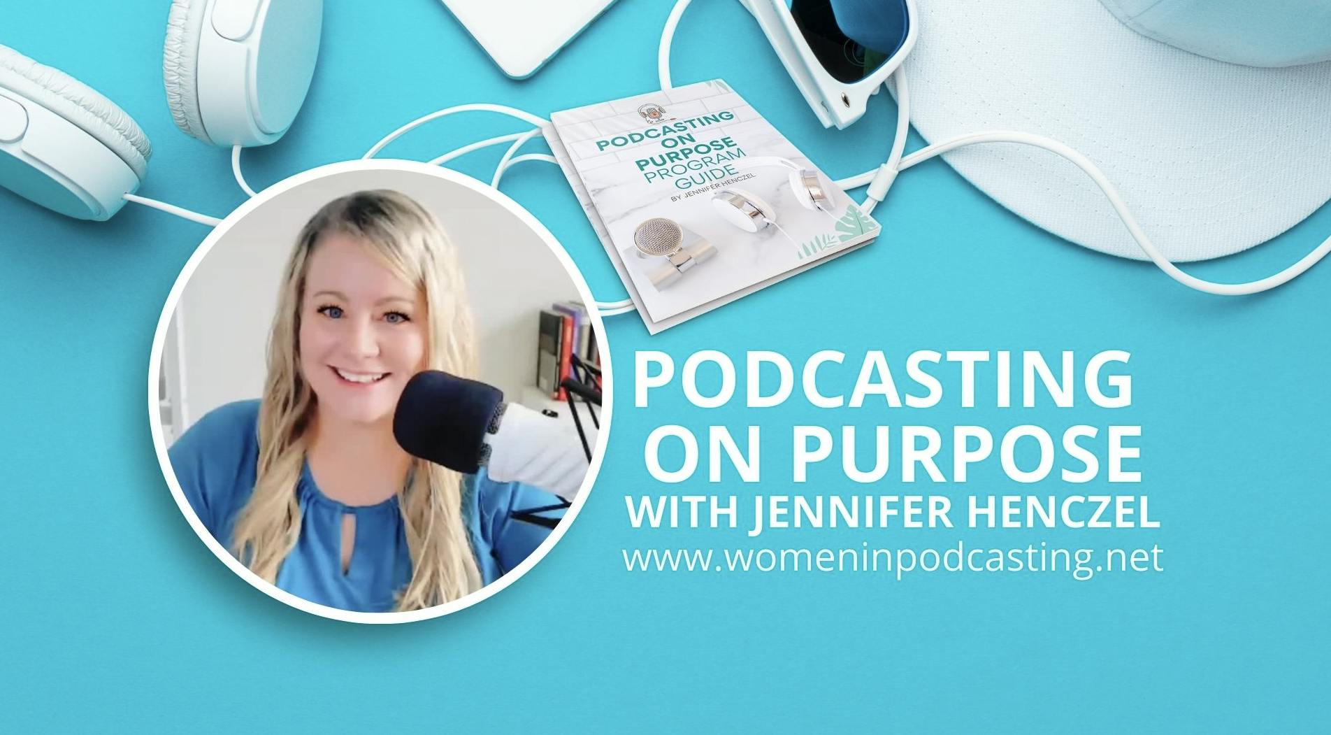 Bright blue background with a circular image of podcast course teacher. There's a part of white headphones above her and white text that says