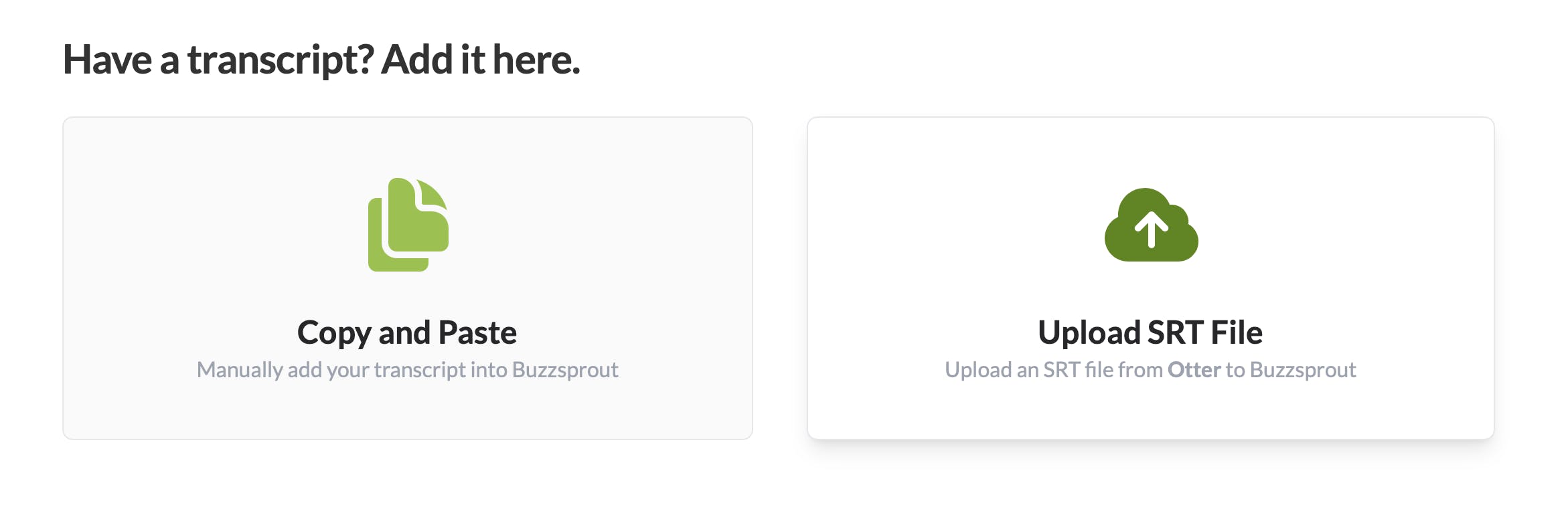 Buzzsprout transcript options