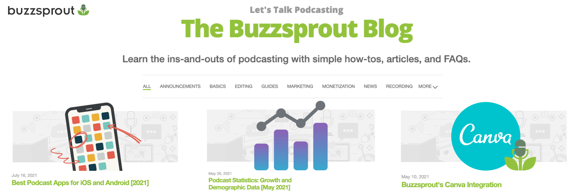 The Buzzsprout Blog homepage featuring three blog images