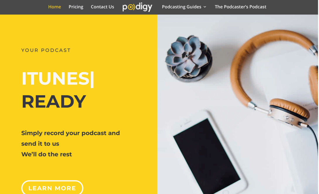 Podigy homepage with iPhone and headphones